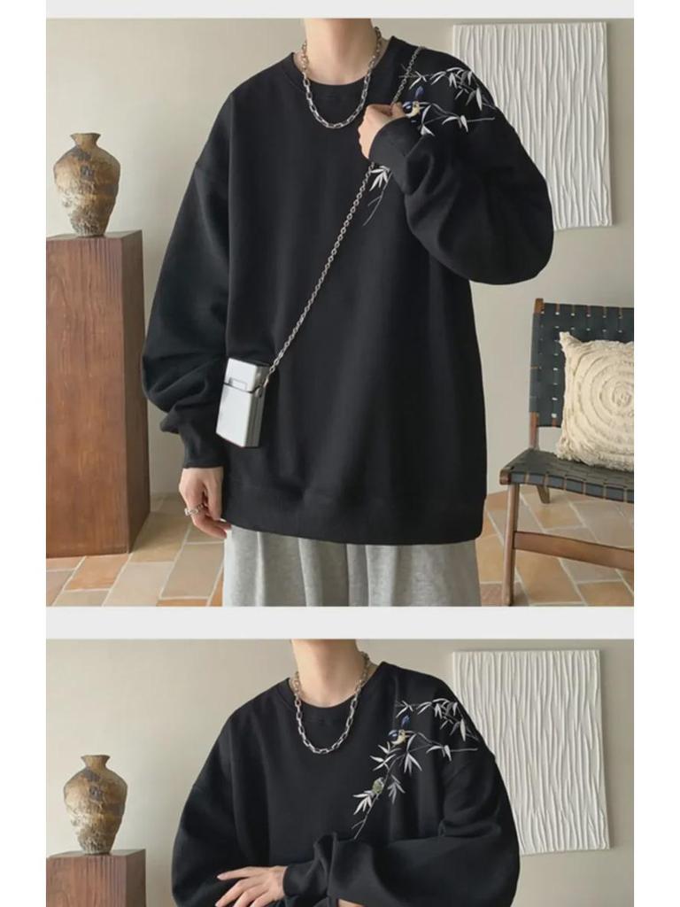 Trendiger weinroter Herrenpullover im chinesischen Stil, runder Kragen, lockere Passform, perfekt für Frühling und Herbst.