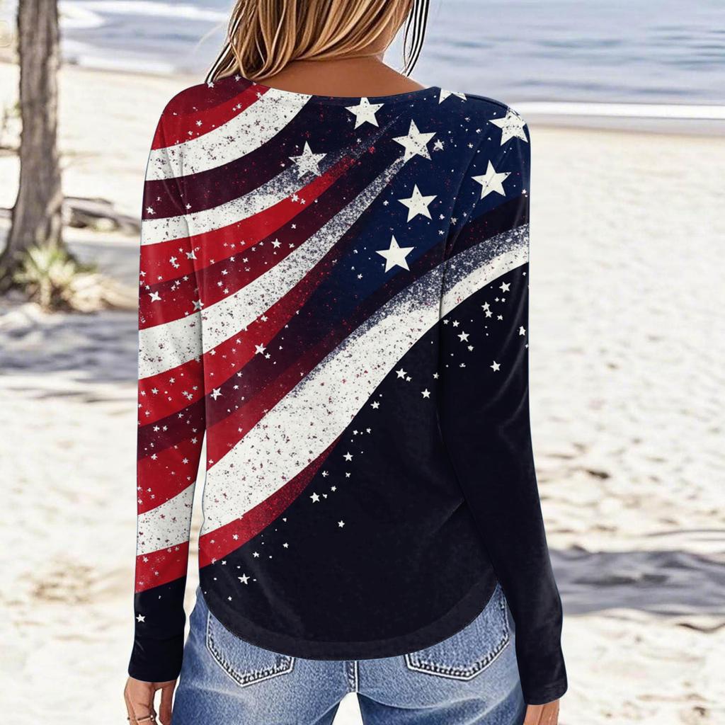 Women's Casual Long Sleeve Crew Neck Shirt American Flag Print Lightweight Comfortable Fit Stylish Top for Everyday Wear