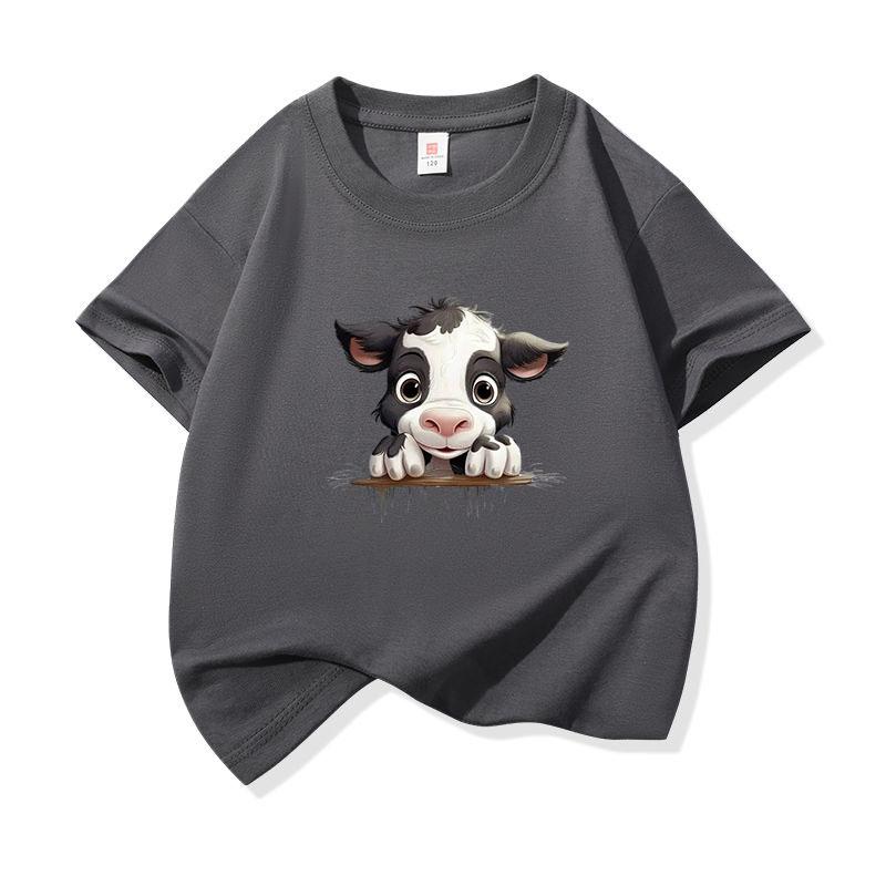 Kids Cotton T Shirt Black And White Cow Peeking Over Land Print Crew Neck Short Sleeve Tee Casual Boys Girls Summer Tops