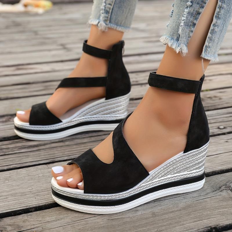 Women's Platform Slip On Sandals, Back Zipper Casual Hollow Walking Shoes, Comfort Wedge Vacation Shoes