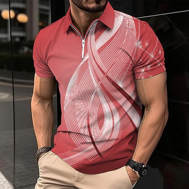 Men's Shirt Polo Casual Zip Short Sleeve Fashion Casual Zipper Summer Spring Regular Fit 3D Green Curve Print Shirt