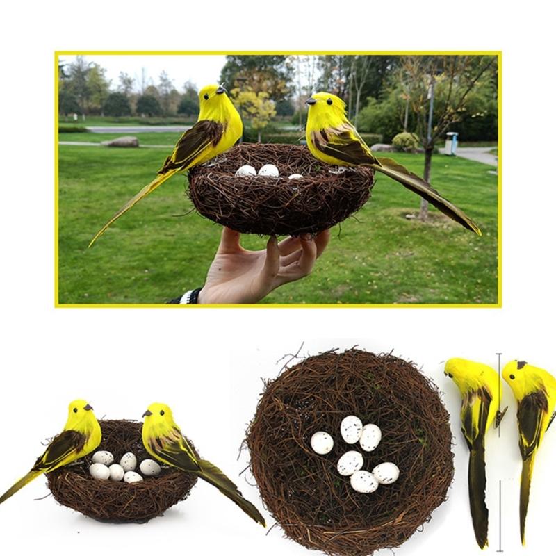 Realistic Artificial Woven Bird Nest Basket With Foam Chick Figure And Eggs Indoor Outdoor Easter Celebration Decoration