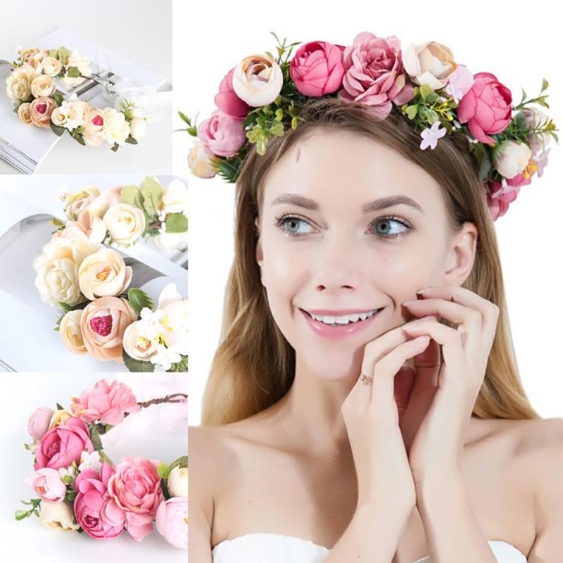 Wedding Bridal Flower Crown Simulation Rose Flower Garland Adjustable Handmade Headdress Wedding