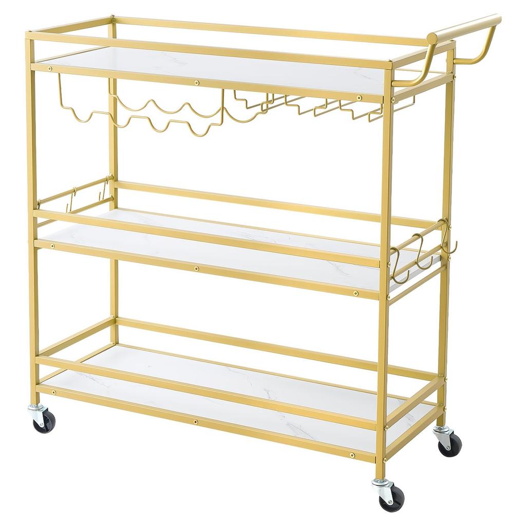 Bar Cart, 3 Tiers Home Kitchen Serving Carts, Modern Rolling Utility Station on Wheels, Mobile Drink Beverage Trolley with Wooden Shelf, Wine Rack,