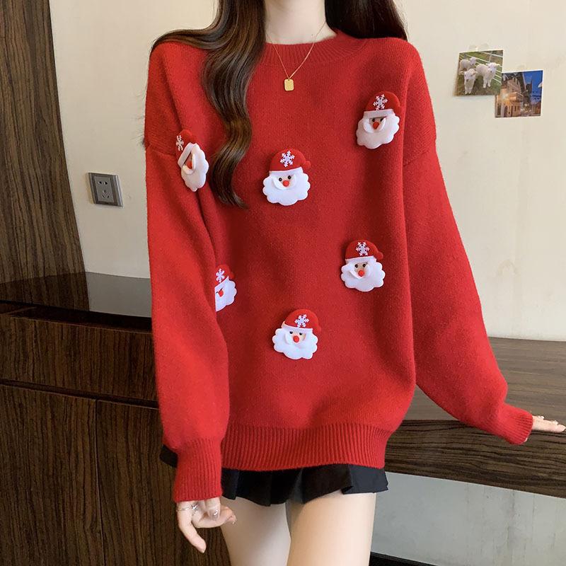 Women's Stylish Slimming Red Christmas Sweater - Age-Reducing, Loose Belly-Covering Knitwear for Autumn/Winter