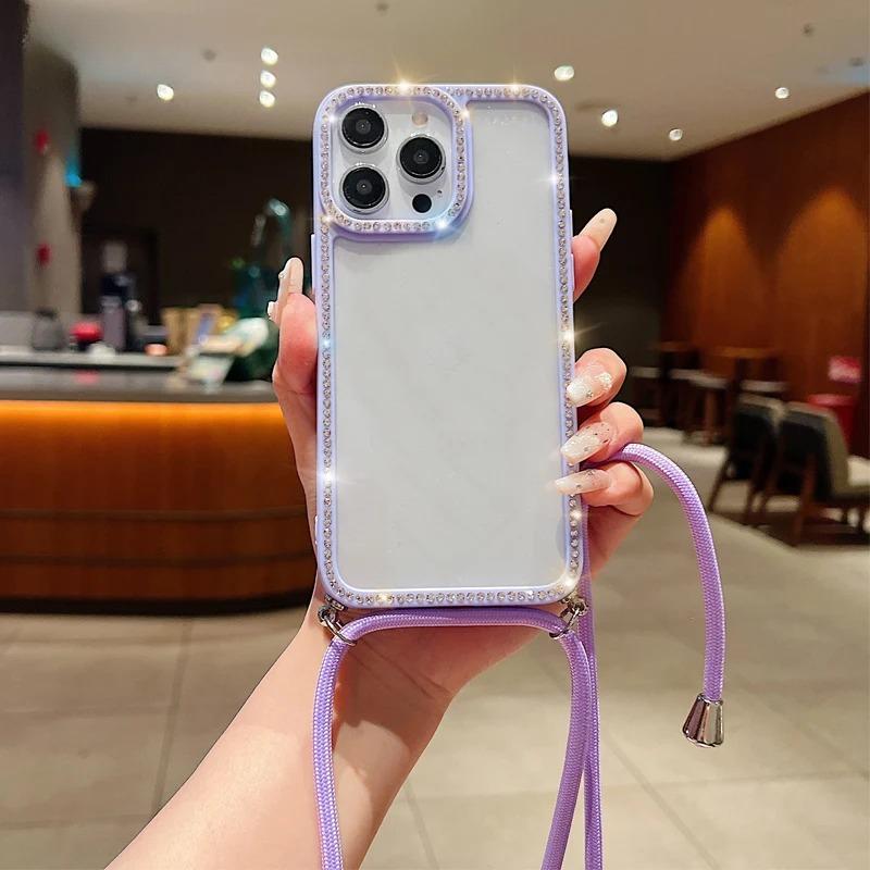 Diamond Glitter Crossbody Necklace Lanyard Case For iPhone 16 16E 11 12 13 14 15 Pro Max Plus Bling Transparent Soft Cover