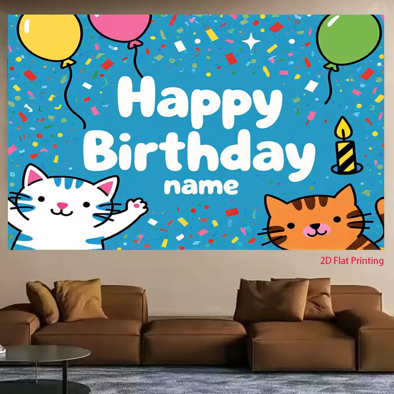 2D Customizable Cat Birthday Backdrop, Kids Party Decoration Background