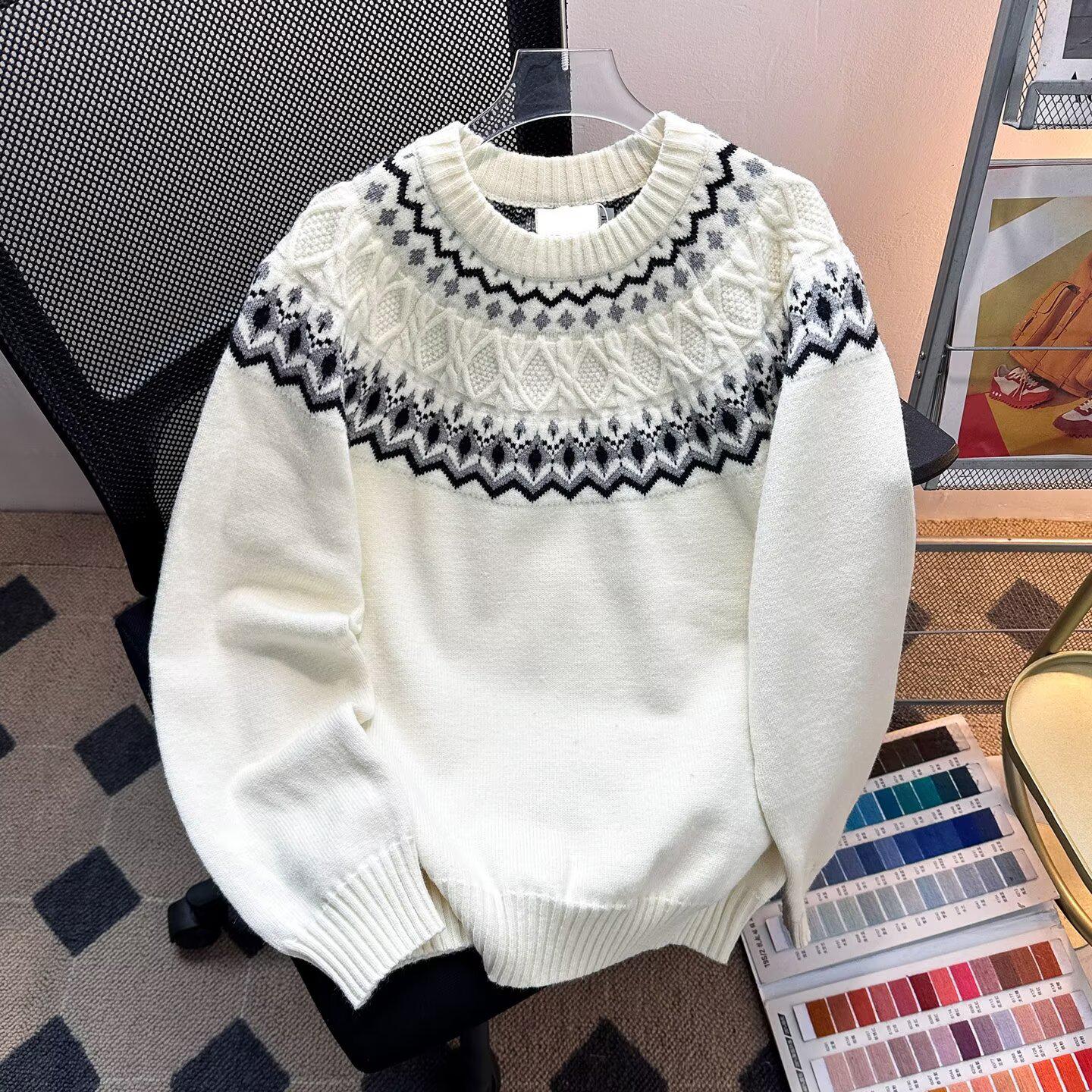 Unisex Retro Fair Isle Heavyweight Knit Sweater – Casual Loose Fit M белый