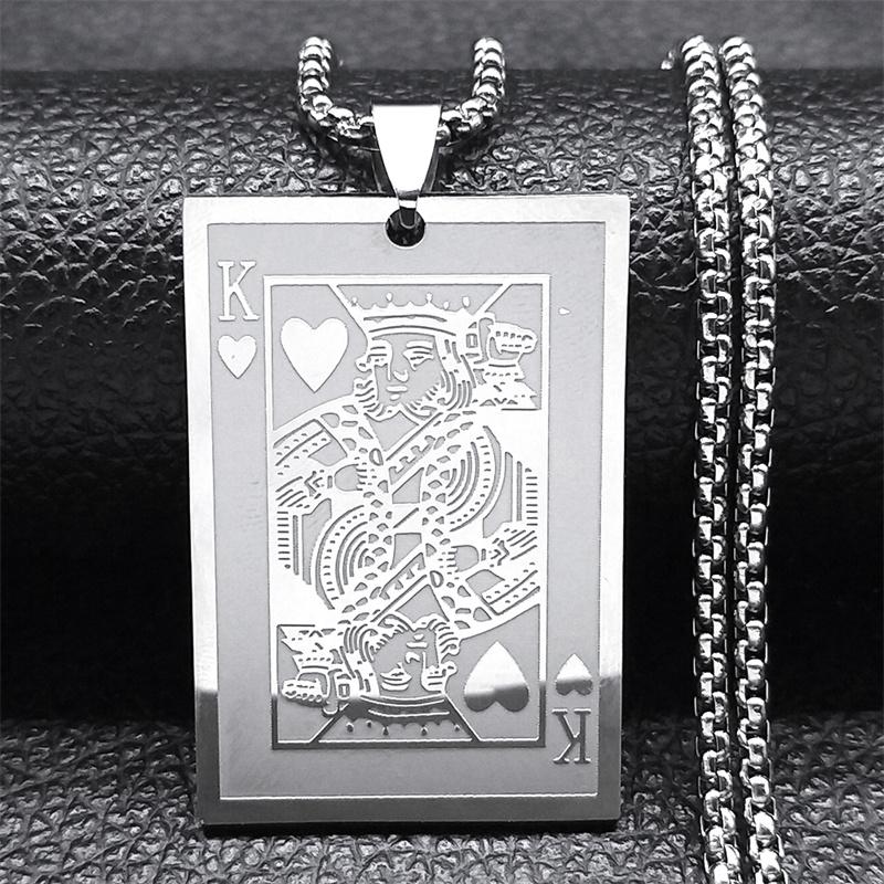 Hip Hop Rock Poker K King Card Heart Necklace for Women Men Stainless Steel Silver Color Gambler Playing Cards Chain Jewelry