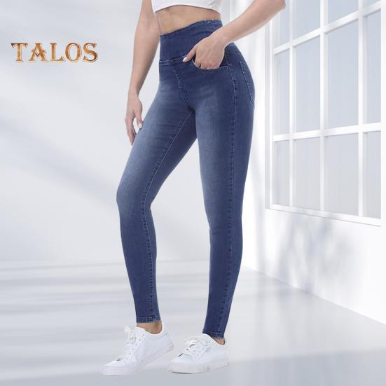 High-Waist-Jeanshose mit Taschen, elastischem Bund, schmale Passform, lange Hose, einfarbig, Röhrenjeans für Damen