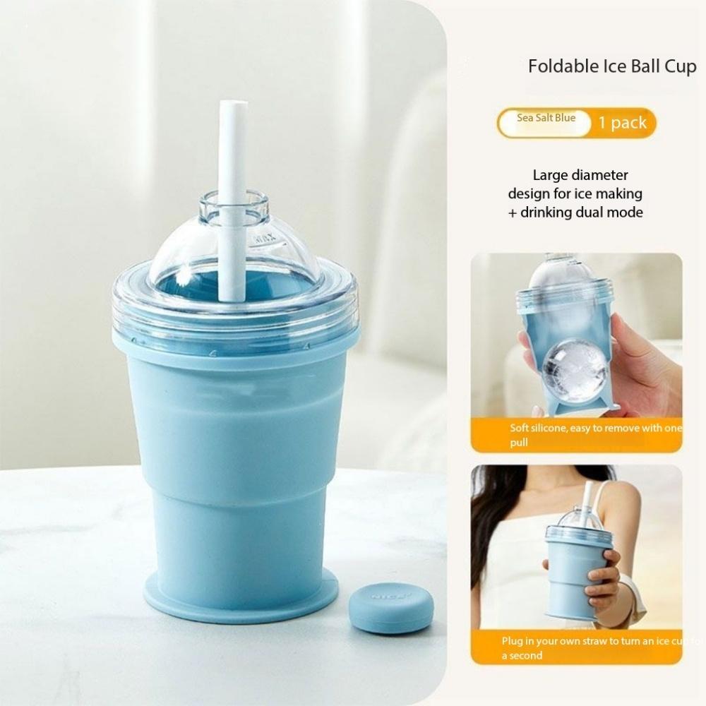 

Portable silicone folding cup with straw, food-grade foldable travel cup, two-in-one ice ball cup, suitable for summer outdoor a небесно-голубой