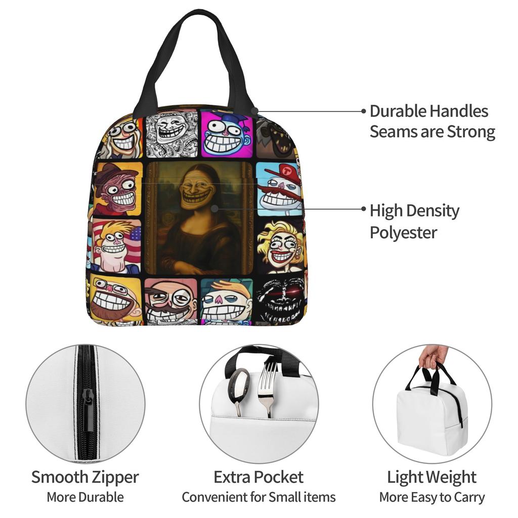 Mona Lisa Troll Face Quest Video Meme Game Comic Insulated Lunch Bag for Portable Funny Thermal Cooler Lunch Tote Office Work