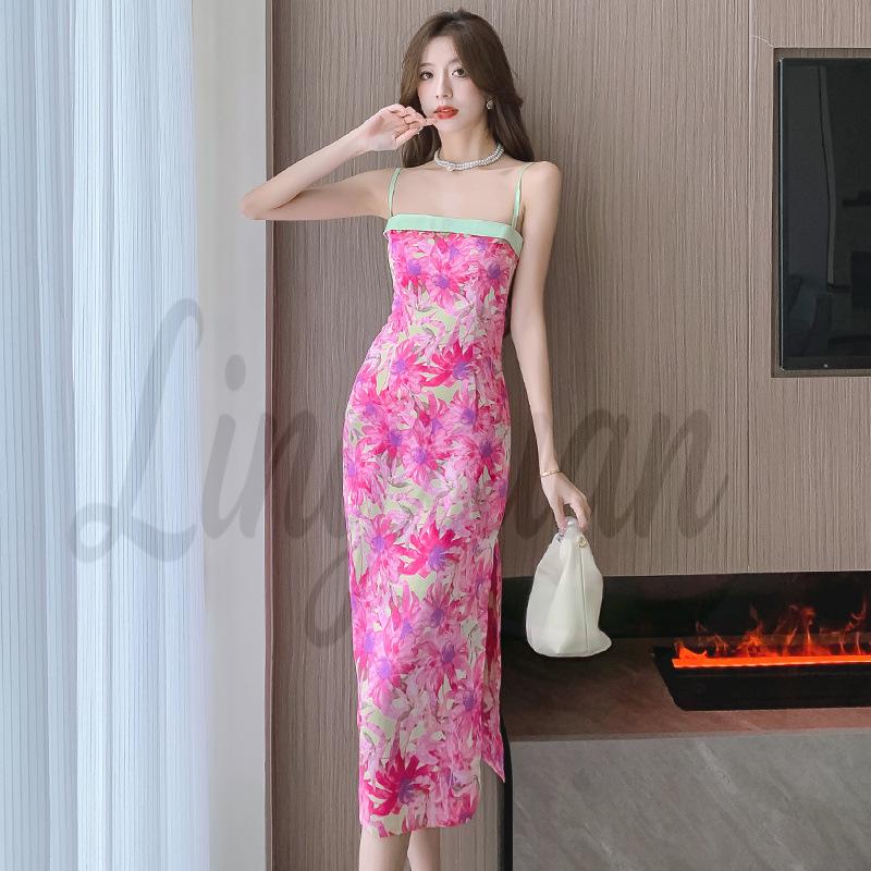 

Authentic French-Chinese Silk Floral Patchwork Color Block Slim High-Waist Dress Medium розовый