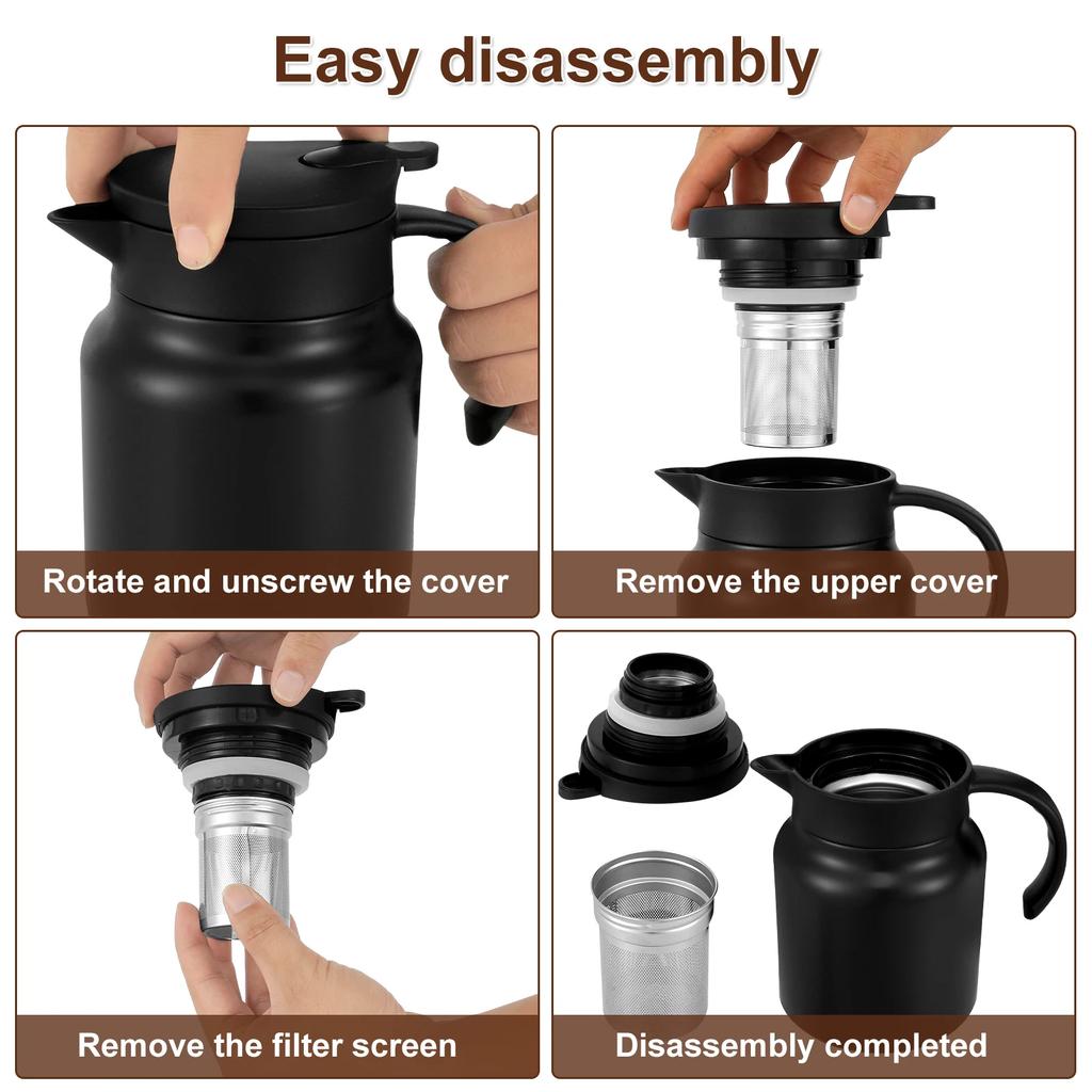 1000ML Thermal Coffee Carafe 316 Stainless Steel Tea Pot Leak-Proof Vacuum Insulated Carafe for Coffee Tea Hot or Cold Drinks