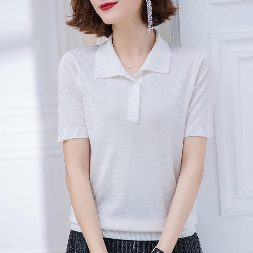 

Женская трикотажная рубашка Ice Silk, футболка с коротким рукавом, летняя новая коллекция, стильная свободная рубашка-поло с воротником M белый