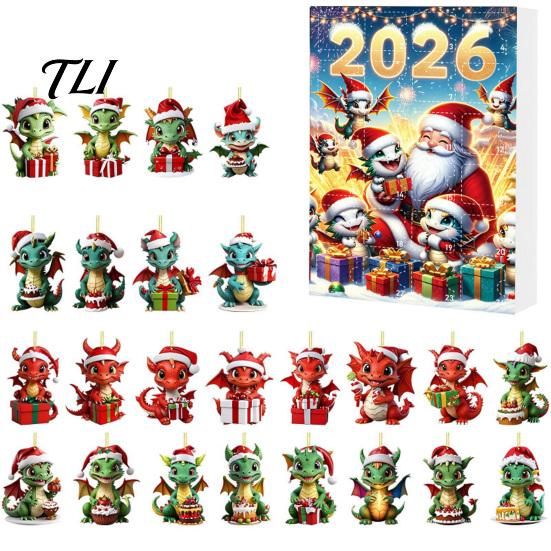 Adornos Colgantes Navideños Calendarios de Adviento de Dragón 2026, Calendario de Cuenta Regresiva de Navidad de 24 Días con Colección de Adornos, Adornos Acrílicos 2D,