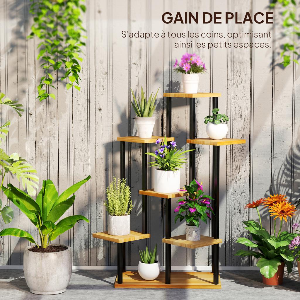 7-Tier Plant Stand for Indoor and Outdoor, Plant Shelf In Steel and Wood, Natural Wood