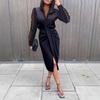 Abito bodycon con scollo a V e pizzo, a maniche lunghe, per la moda autunnale/invernale da donna