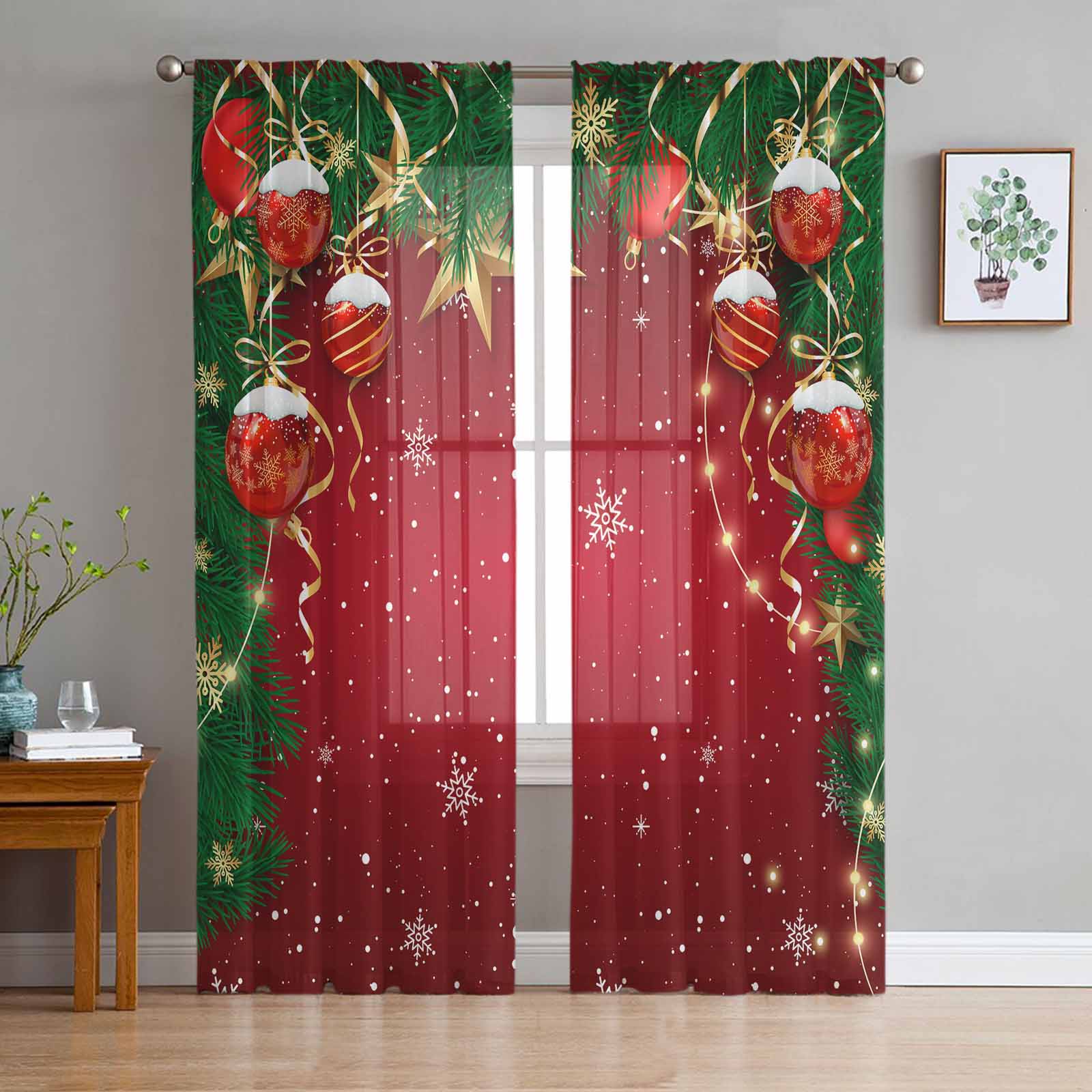 

Рождественский снежный пейзаж Снежинки Гном Розовые прозрачные шторы Украшение гостиной Оконные шторы Кухня Тюль Вуаль Шторы W135 x H115cm x1&Grommet Top