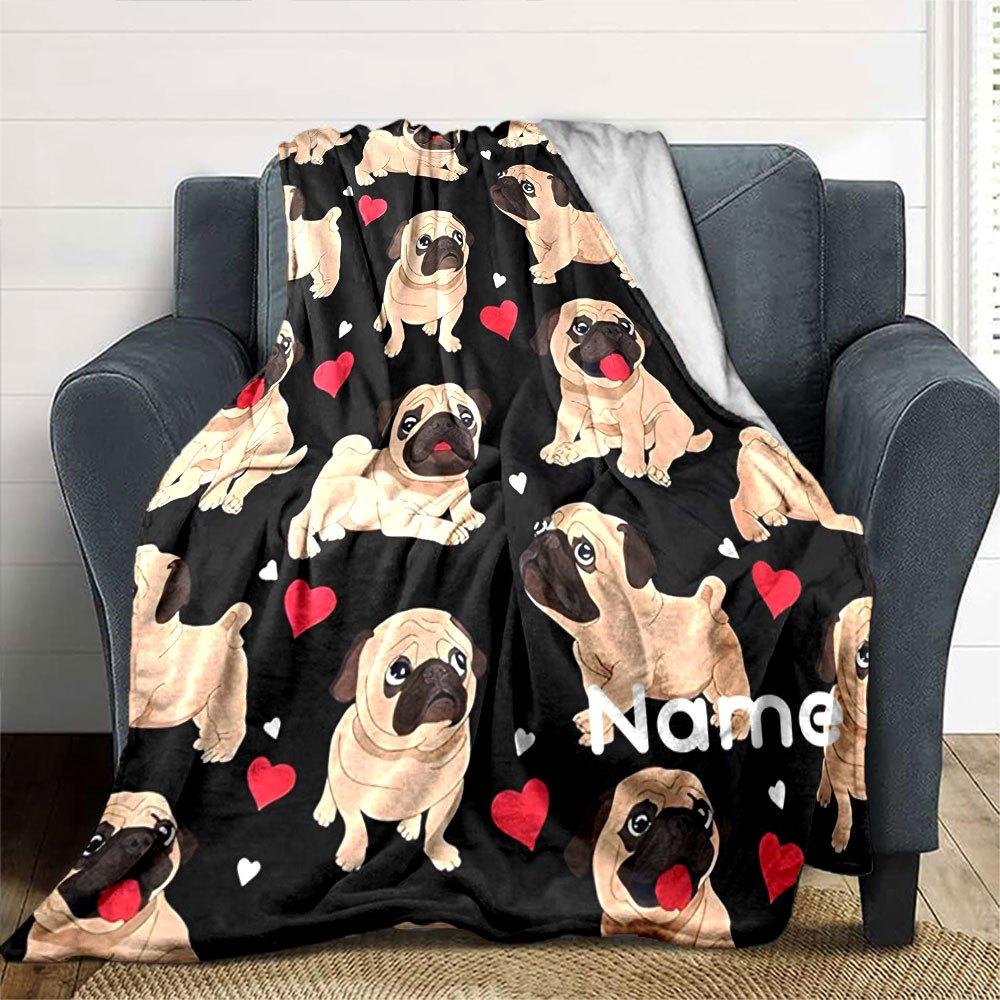 Pug Love Pattern Cozy Customizable Blanket Personalized Name Soft Warm Cozy Great For Sofa Couch Office Bed Picnics For All Occasions Digital Print