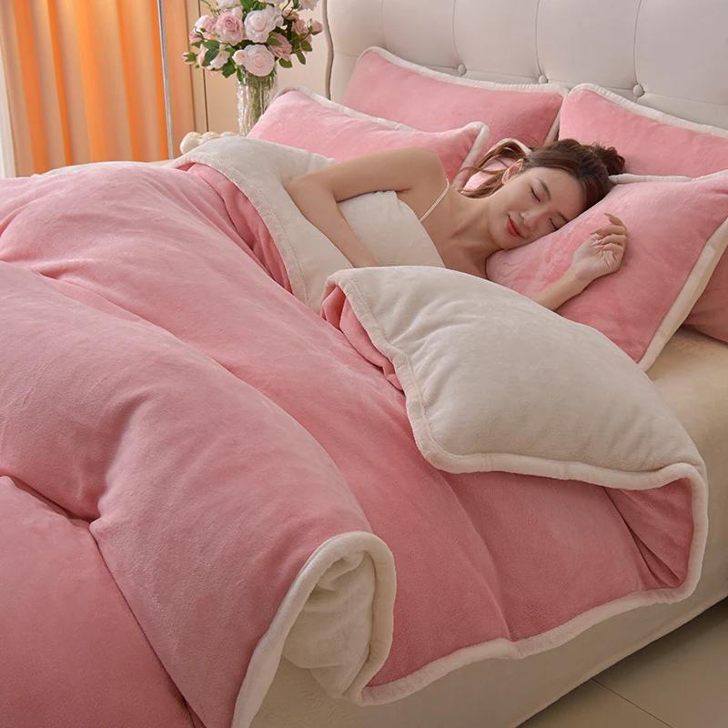 Simple Wind Milk Fleece Four-piece Set Thickened Coral Fleece Solid Color Bed Sheet Quilt Cover Single Piece Fleece Winter