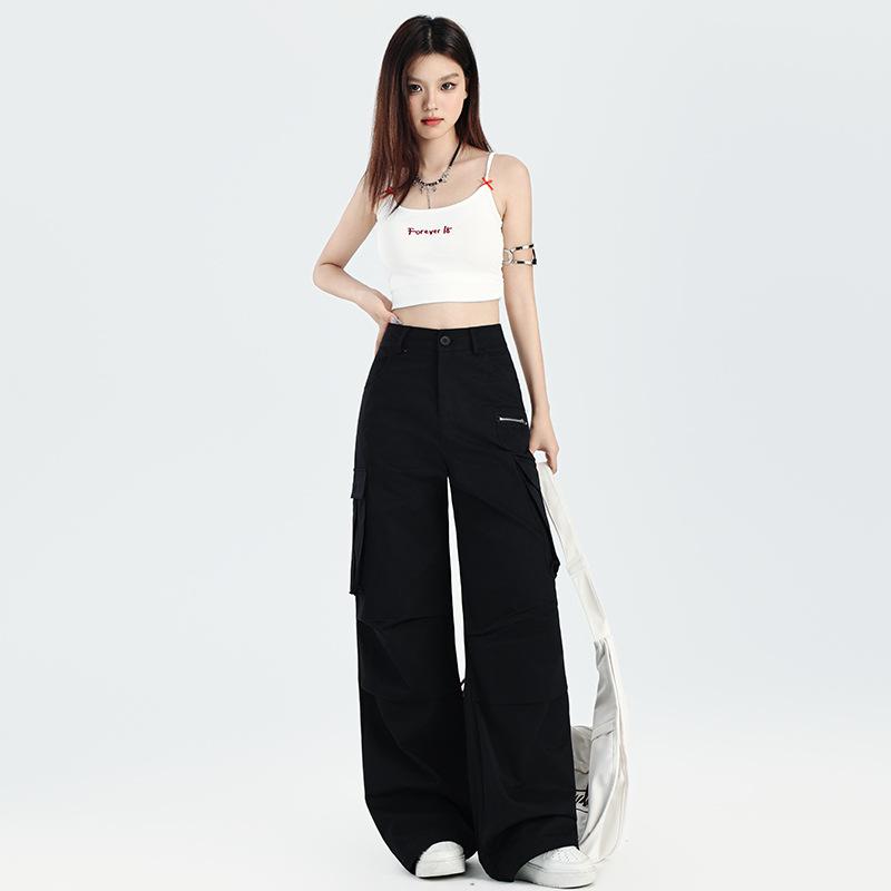 American multi-pocket black overalls women's trendy brand 1116 summer new wide-leg casual trousers