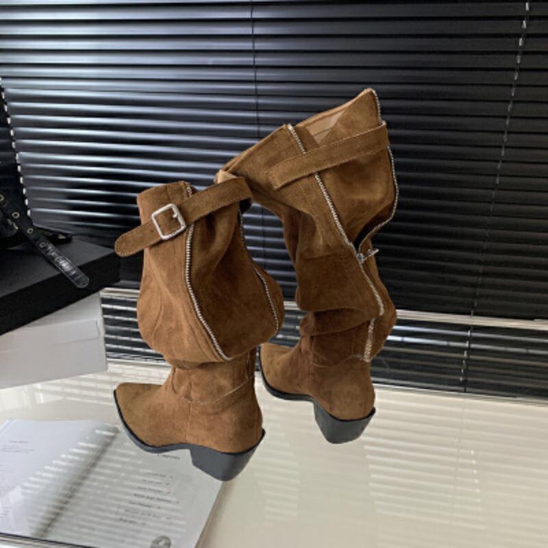 Knight boots high heel autumn women's temperament pointed retro large size fashion boots thick heel knee boots