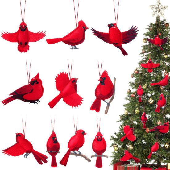 10 Pcs Red Bird Ornaments Wood Red Birds Christmas Tree Hanging Decoration for Winter Holiday Home Decor