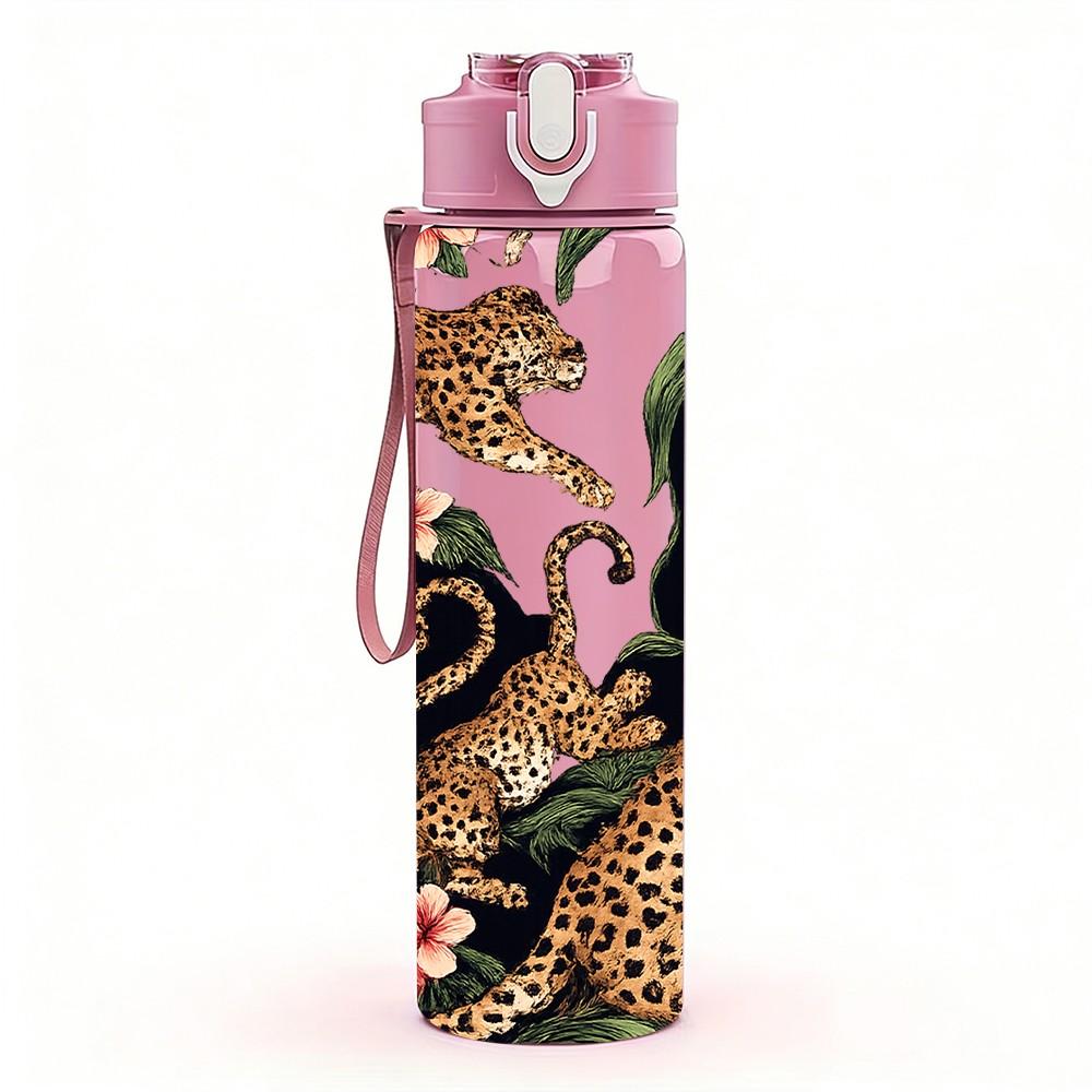 1PC Leopard Among Red Flower Print 750ml Color Plastic Sports Water Bottle Leakproof Flip Straw Lid Suitable for Sports Office Home Use