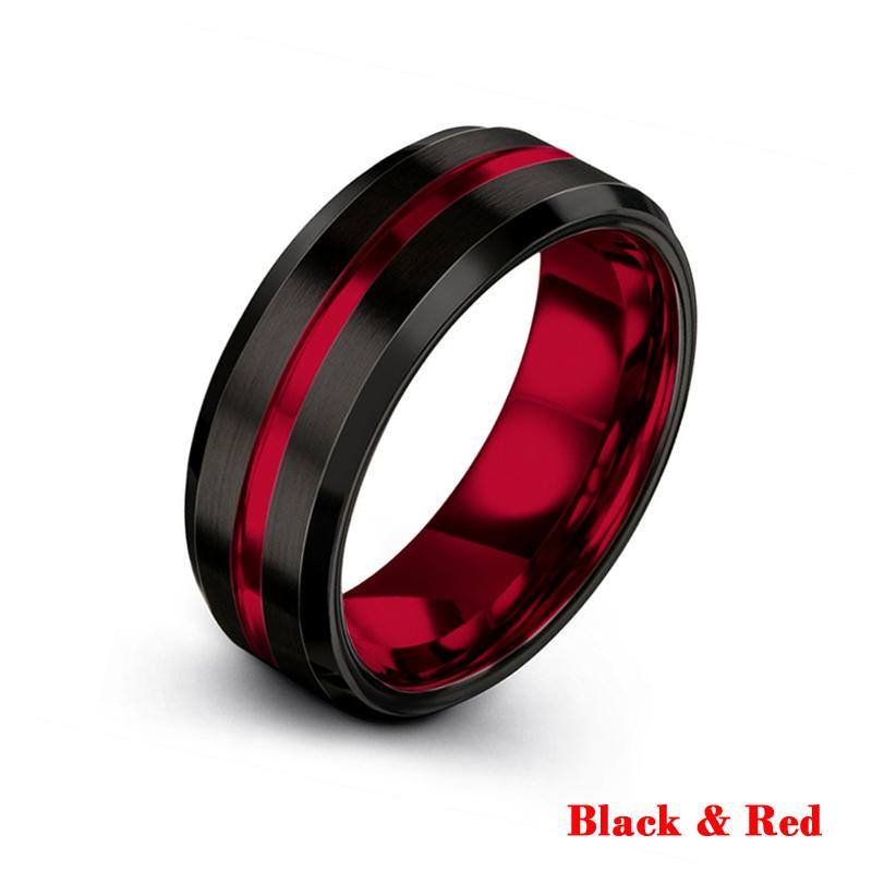8MM Men's Stainless Steel Rings Blue Red Colorful Groove Beveled Edge Wedding Engagement Ring Men's Anniversary Jewelry