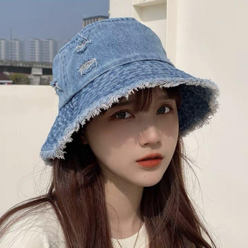 Vintage Denim Bucket Hat For Women Tassel Holes Panama Fisherman Cap Foldable Girl Outdoor Beach Fishing Basin Hats
