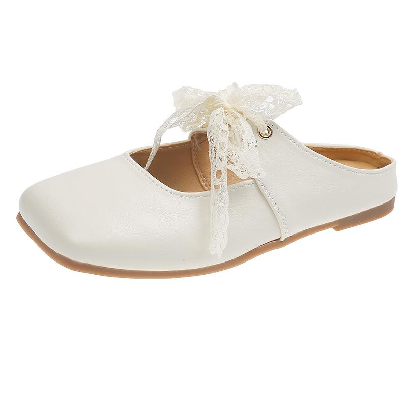 Lace strap bow bag head slippers women's outer wear spring and summer new square head flat soft bottom Mary Jane half drag