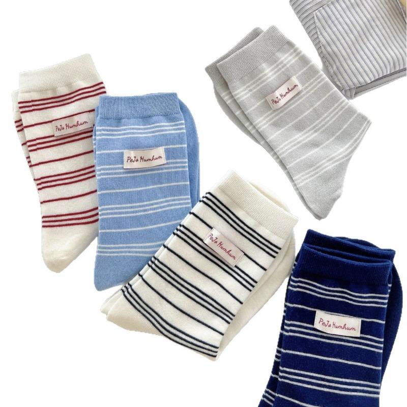 Ladies Spring Pinstripe Cloth Logo Preppy Style Boneless Long Tube Pile Socks