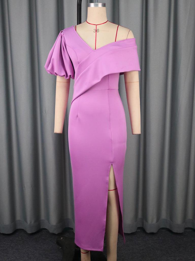 AOMEI Tmavě červené formální šaty večerní róba elegantní dámské odhalená ramena výstřih do V nabíraný rukáv rozparek nepravidelné dlouhé Vestidos elegantní oslavný outfit