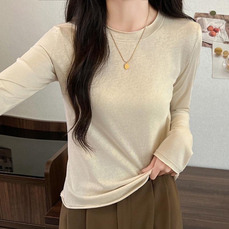 

Свободная и утягивающая футболка большого размера с длинными рукавами для женщин, нижний слой 2024, весна/лето, новая простая и тонкая солнцезащитная одежда XL абрикосовый