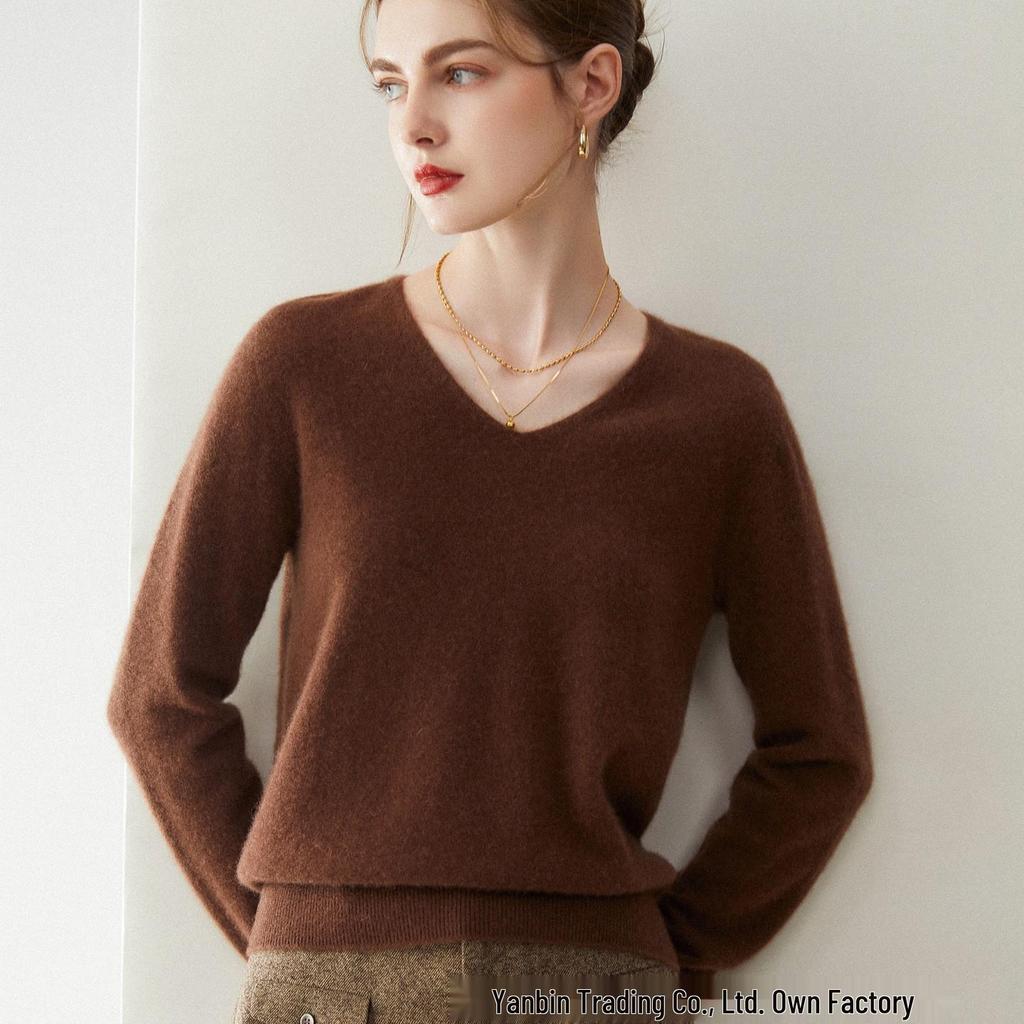 Women's V-Neck Pure Cashmere Sweater - New Style, Solid Color, Warm Long Sleeve Pullover