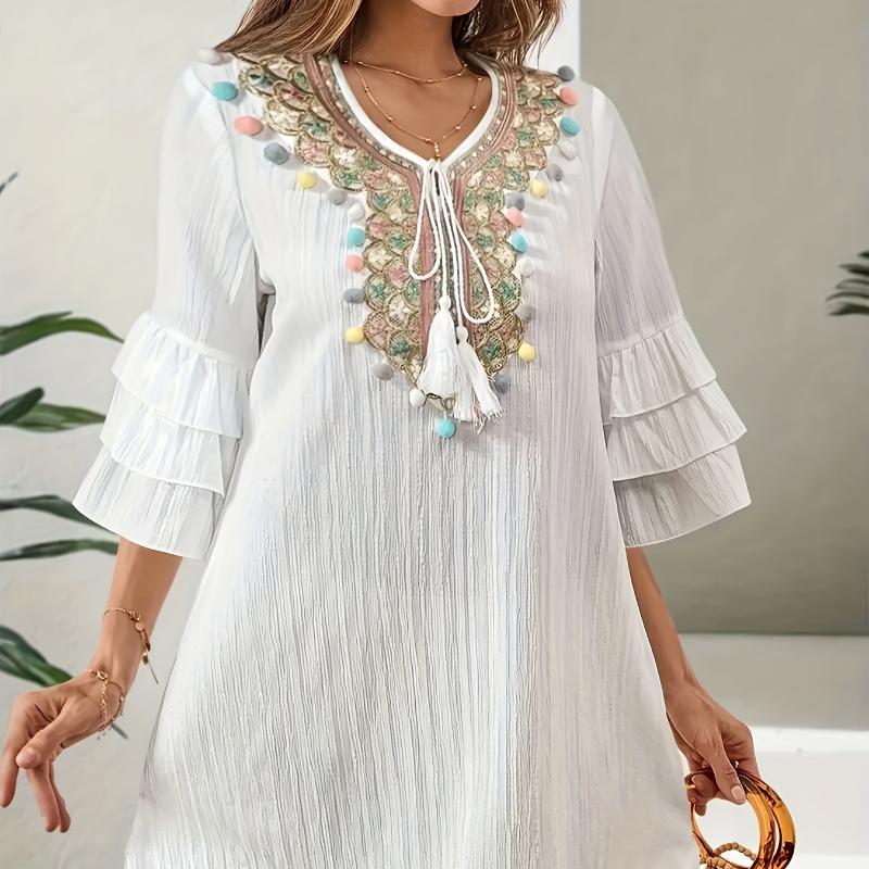 Women's Casual Floral Embroidered Round Neck Dress with Lace Trim Hem & Ruffled Short Sleeves Floral Print Dress