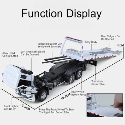 1:32 Rescue Car Flat Trailer Model Toy Alloy Diecast Doors Opened Miniature Engineering Vehicle Models Sound Light Toys for Kids