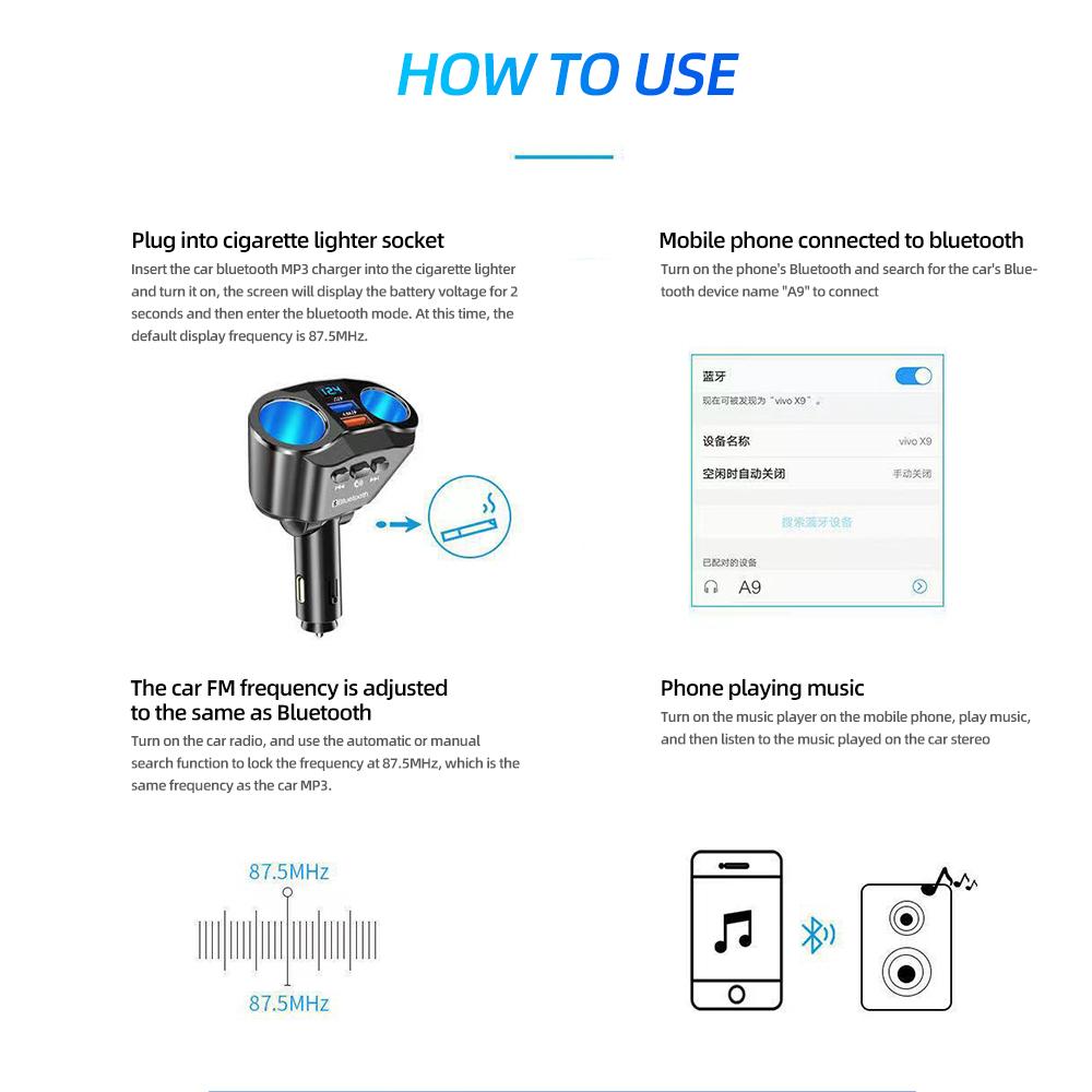 Rozdzielacz ładowarki do zapalniczki samochodowej Quick Charge 12V Auto Nadajniki FM Bluetooth Połączenie głośnomówiące Gniazda