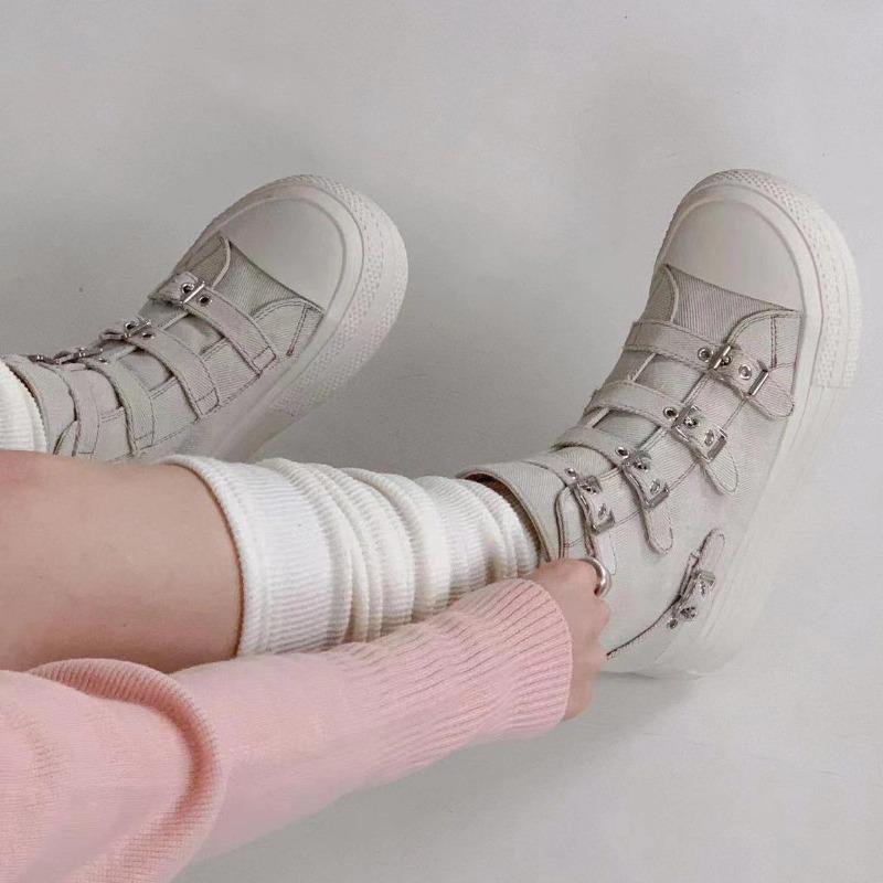 Damskie Buty na Platformie z Płótna Codzienne Outdoorowe Wszechstronne Trampki Wzór z Klamrą Wysokie Buty Modne Buty na Zamek Damskie Botki