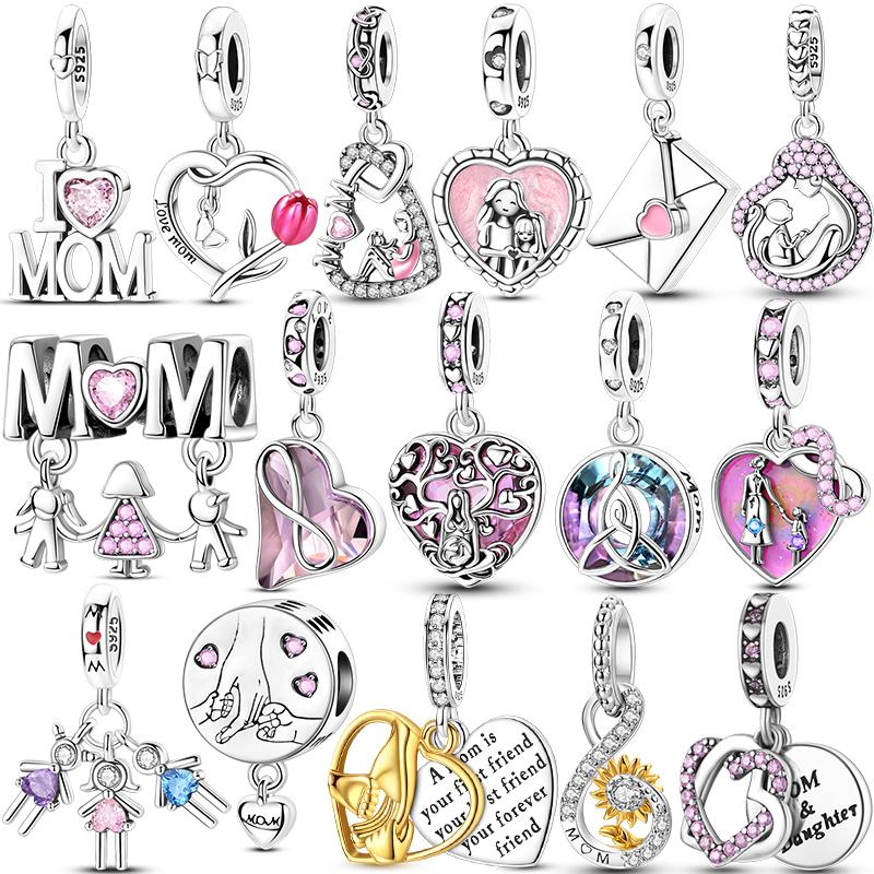 Original 925 Sterling Silver Charms Heart Bead Love Mom Pendant Fit Original Bracelet For Women DIY Jewelry Mother's Day Gift