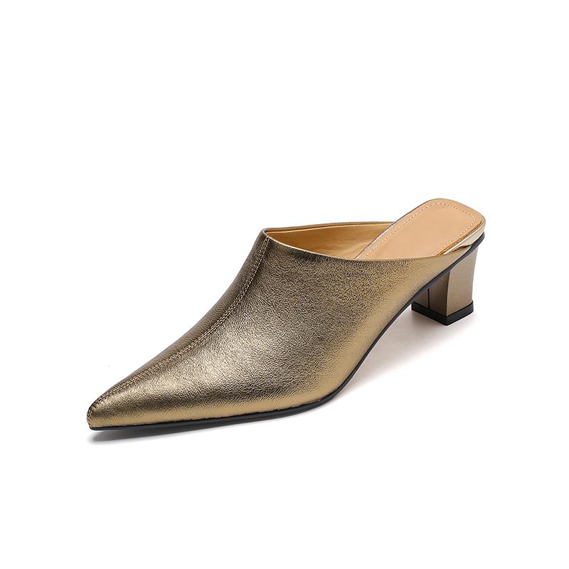 Fashion 2025 Women's New Spring/Summer Pointed Sheepskin Leather Genuine Leather Sheepskin Baotou Middle Heel Large Muller Half Slippers