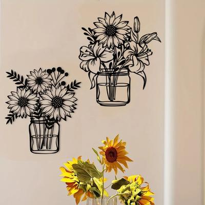 Charming Sunflower Metal Wall Decor - Black Vase Wall Art. Stylish Wall Sculptures for Kitchen, Bathroom, and Indoor Spaces