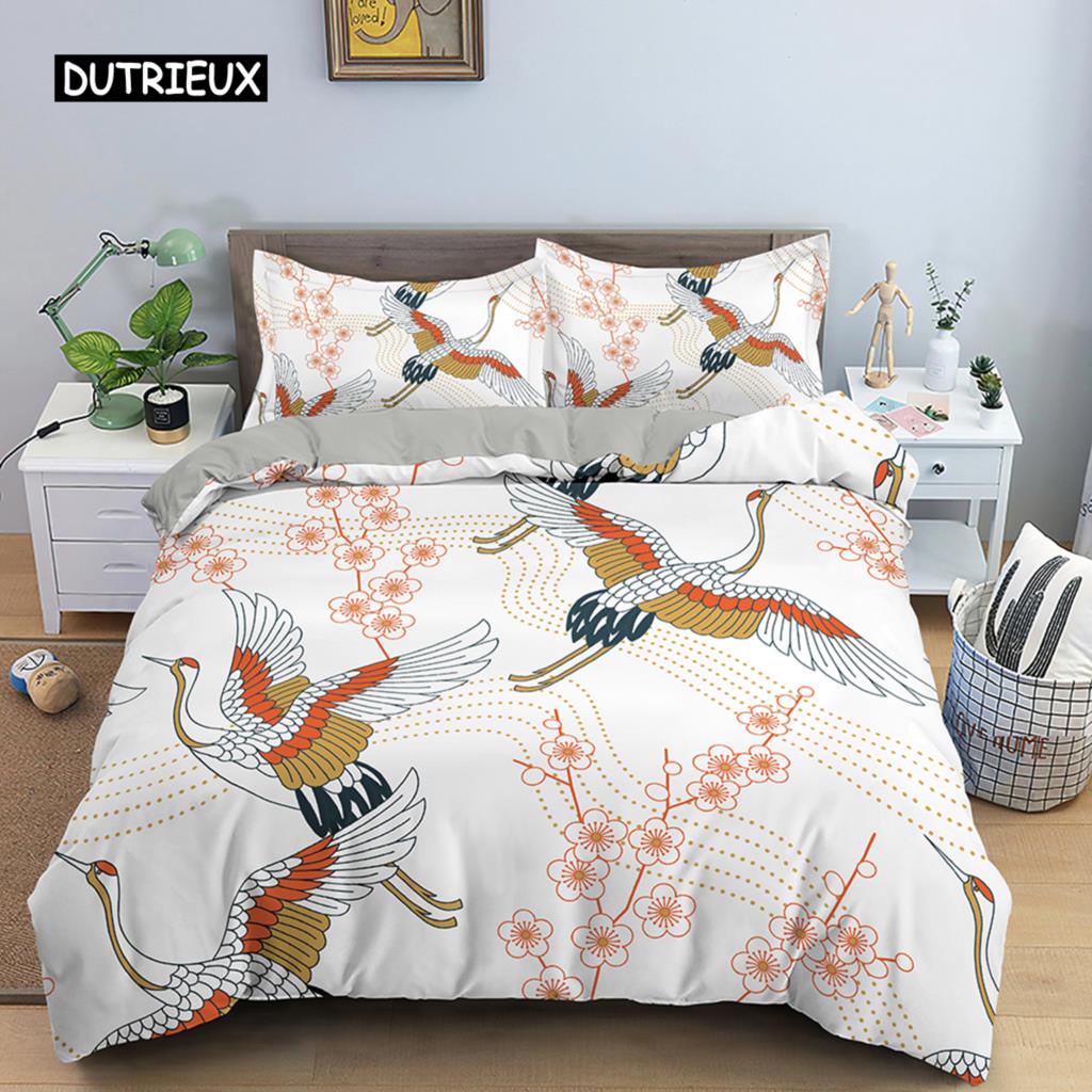 Kranich-Druck Bettwäscheset Luxuriöser Bettbezug Queen-Size Bettdeckenbezugsets für Kinder Teenager Schlafzimmerdeko Mikrofaser Steppdeckenbezug