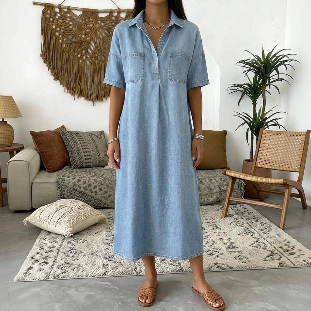Loose Fit V Neck Denim Look Dress for Women Mid Length Short Sleeve Casual Shirt Dress with Front Pockets and Button Placket