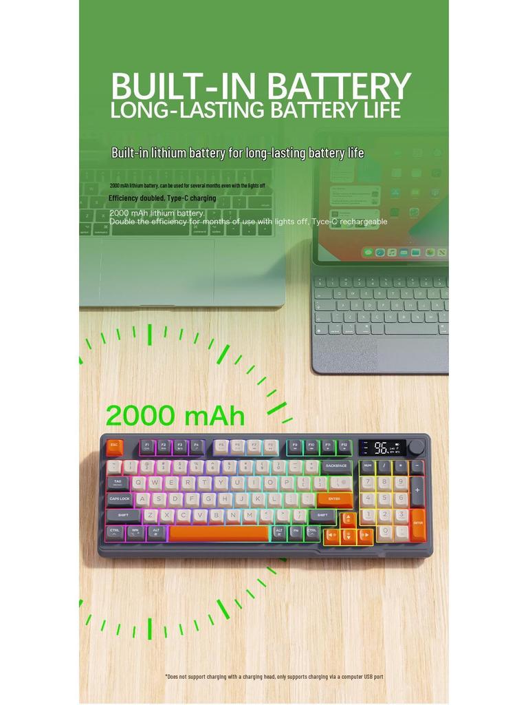 Free Wolf M96 Dual-Mode Wireless Bluetooth Keyboard: PBT Spherical Keycaps, Display Screen, Knob Control, Mechanical Feel, Gaming-Ready.