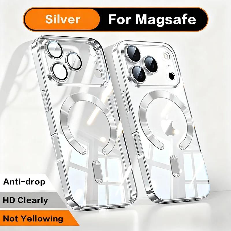 Luxury Plating Magnetic Clear Phone Case For iPhone 17 16 15 14 13 Pro Max 17 Air For Magsafe Lens Protection Shockproof Cover