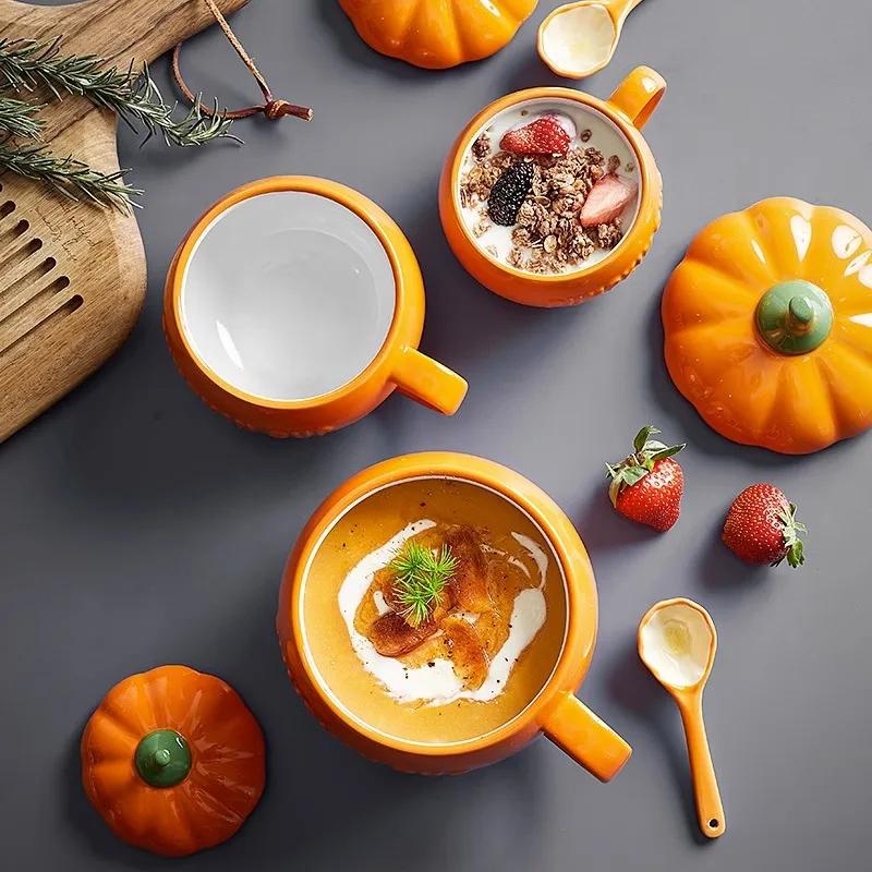 300/450ML Halloween Pumpkin Shaped Ceramic Cup With Spoon Kawaii Soup Mug With Lid Oatmeal Cup Creative Water Cup