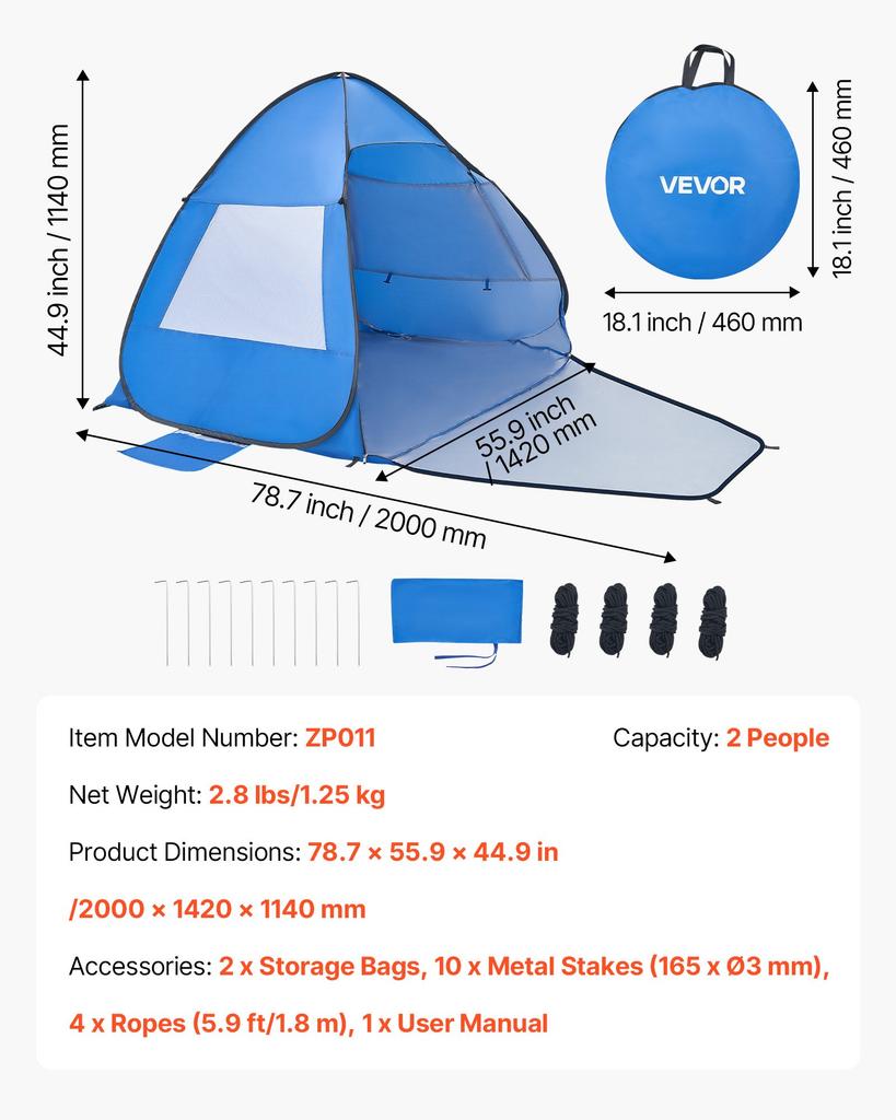 VEVOR Beach Tent Sun Shelter for 2 Person, UPF 50+ Protection, Portable Sun Shade Canopy with Carrying Bag & Sand Pockets