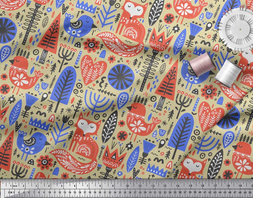 Soimoi Beige Poly Crepe Fabric Tree & Fox Folk Art Fabric Prints By Metre 42 Inch